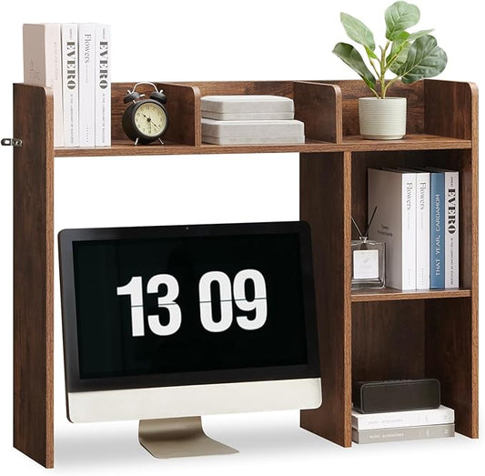 Desktop Bookshelf, Wooden Desk Storage Hutch with 5 Shelves, 3-Tier Desktop Display Organizer Rack for Office Home (Brown, 5 Shelves A)