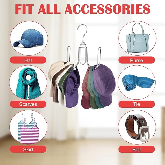 NAKBINX 2 Pack Hat Hanger for Closet, Collapsible Metal Hat Organizer for Baseball Caps, Racks with 4 Big Hooks, 360° Rotation Space Saving Hangers, Better Organizer&Display for Tie, Scarves