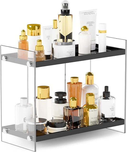 ATZYmolin Acrylic Bathroom Countertop Organizer Skincare Corner Shelf for Lotion Cosmetic Makeup, Counter Vanity Storage Perfume Tray Kitchen Spice Rack 2 Tier