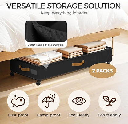 BETBEM Under Bed Storage with Wheels 2-Pack, 75L XXL Under the Bed Storage Containers Large, 12" Tall Adjustable Storage for Underbed with Lids, Rolling for Shoes, Clothes, Blankets (Black)