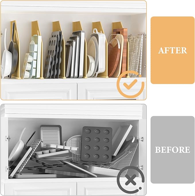 sandpaint 6 Pack Wood Tray Dividers for Cabinet, Cookie Sheet Organizer for Cabinets, No-Cut Kitchen Cabinet Dividers, Cookie Trays for Kitchen, Utility Rooms, Pantry Storage