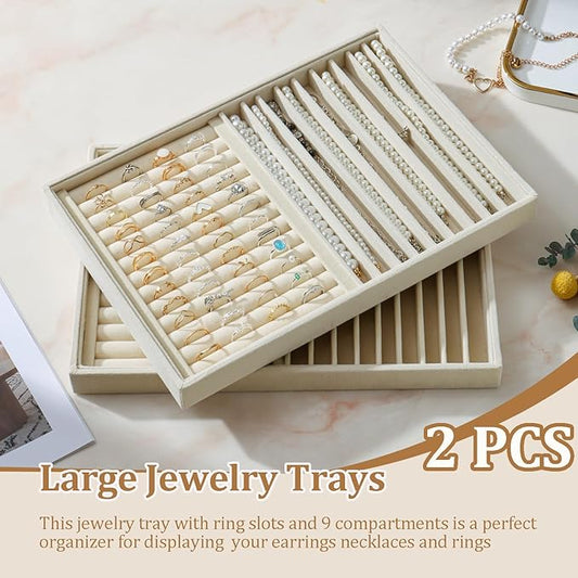 KATISYIO Large Velvet Jewelry Tray 2 Pack Stackable Jewelry Display Drawer Inserts Trays Organizer for Earring Bracelet Necklace Ring (Beige, Ring and 9 Grids)