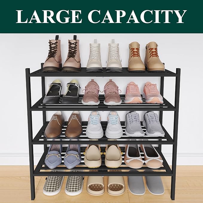 Smiry Bamboo Shoe Rack 4-Tier, Stackable Wooden Shoe Organizer for Entryway & Closet, Free Standing Wood Shoe Storage Shelf for Front Door & Small Spaces, Black