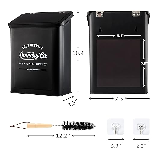 Magnetic Lint Bin for Laundry Room, Wall Mounted Lint Trash Can with Lid for Dryer, Laundry Room Organization and Storage with Brush(Black)