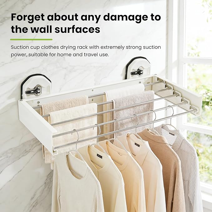 Punch-Free Wall Mounted Clothes Drying White Rack 25 Inches, Retracble & Foldable Drying Rack with 5 Steel Panel, Laundry Hanging Rack, Space Saving Collapsible Rack for Heavy Clothing Organization