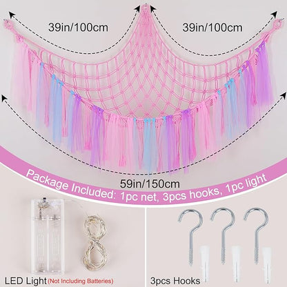 FIOBEE Stuffed Animals Net or Hammock with LED Light, Toy Hammock Hanging Stuffed Animals Storage Organizer Holder Room Décor for Nursery Kids Bedroom