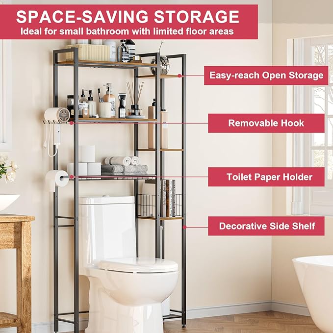 QOOIE Over The Toilet Storage with Wooden Shelves and Side Rack, 7-Tier Metal Over Toilet Bathroom Organizer Freestanding Storage Shelf for Toilet Paper, Towels, Toiletries, Ideal for Small Bathroom