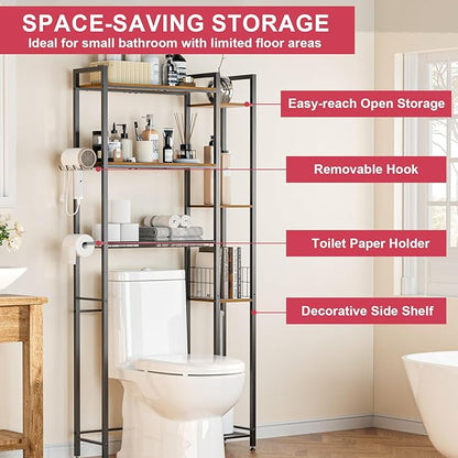 QOOIE Over The Toilet Storage with Wooden Shelves and Side Rack, 7-Tier Metal Over Toilet Bathroom Organizer Freestanding Storage Shelf for Toilet Paper, Towels, Toiletries, Ideal for Small Bathroom