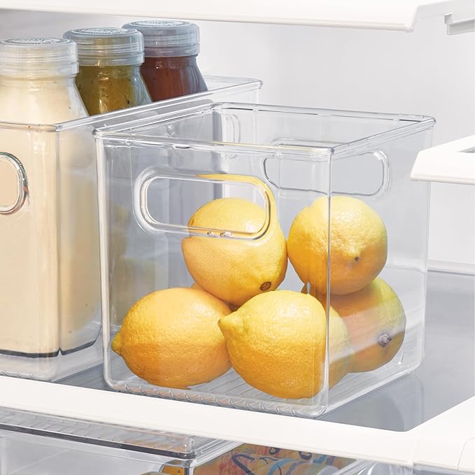 iDesign Pantry Storage Bins with Handles - Cube Organizer Bins for Cabinets or Fridge - Set of 4 - Clear