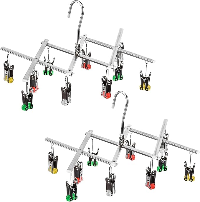Drying Hanger, Hanging Drying Rack 2Pcs, Drip Hanger Stainless Steel with 10 Pegs for Laundry Underwear Socks, The Clips Release Quickly, Folding Portable