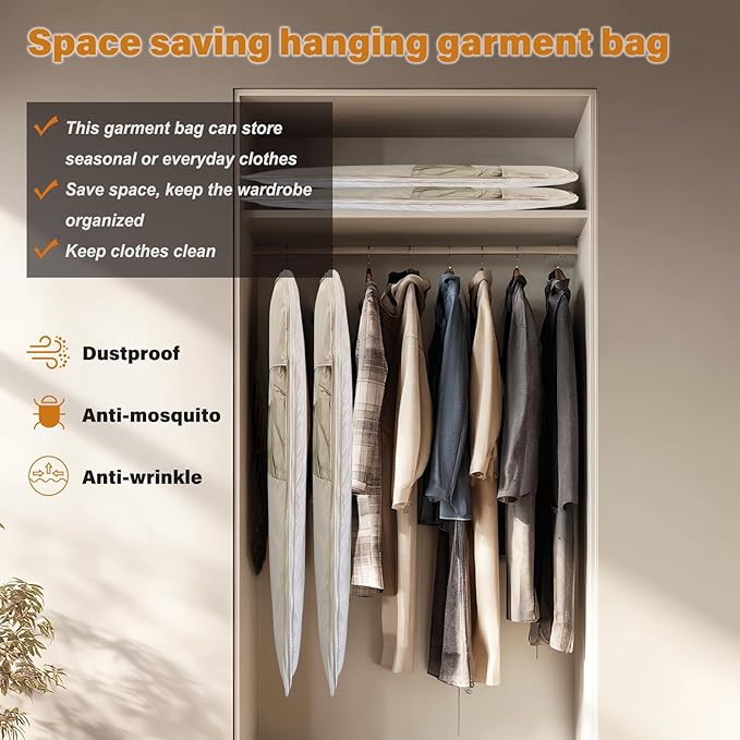 Space Saving Hanging Garment Bag, Hanging Compression Bags for Coats, for Closet Storage, Compression Hanging Garment Bag Protects Clothes from Wrinkles, Dust-resistant (Beige,L)