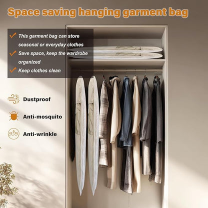 Space Saving Hanging Garment Bag, Hanging Compression Bags for Coats, for Closet Storage, Compression Hanging Garment Bag Protects Clothes from Wrinkles, Dust-resistant (Beige,L)