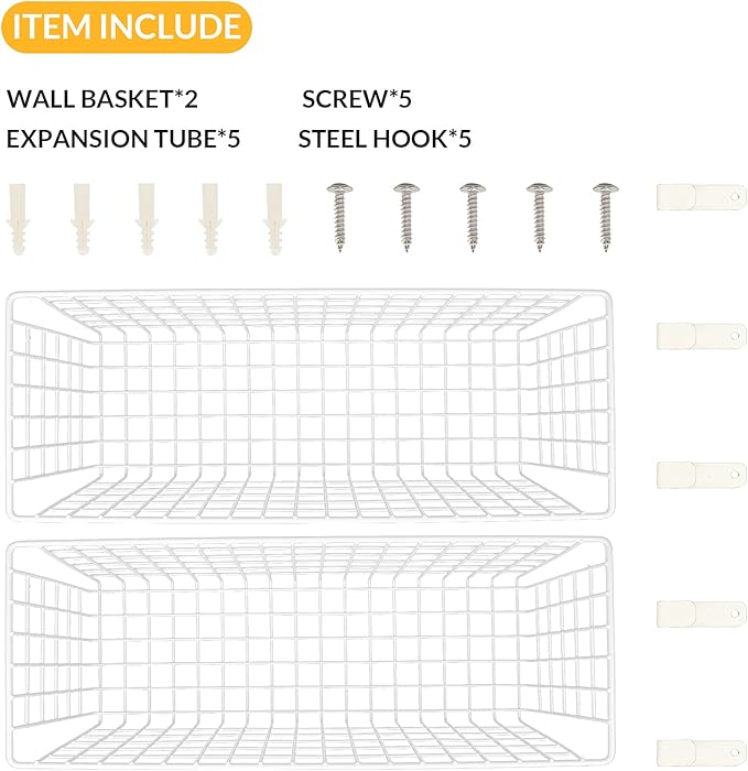2 Sets Extra Large Hanging Wall Basket, White Metal Wire Baskets with Steel Hooks for Organizing, WallmountedFruit Vegetable Toy Snack Storage, Home Kitchen Bathroom Laundry Pantry Organizer