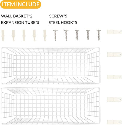 2 Sets Extra Large Hanging Wall Basket, White Metal Wire Baskets with Steel Hooks for Organizing, WallmountedFruit Vegetable Toy Snack Storage, Home Kitchen Bathroom Laundry Pantry Organizer