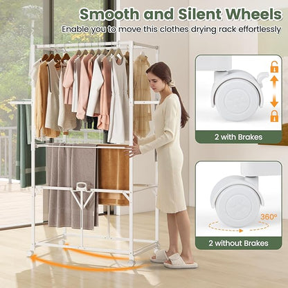 Tangkula Foldable Clothes Drying Rack, 68.5" Aluminum Laundry Rack with Hanging Rods & Drying Shelves, Universal Wheels with Brakes, Indoor Outdoor Garment Rack for Household Use (White)