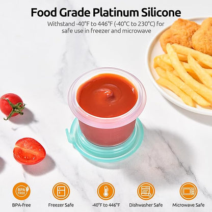 U-Taste 2oz Silicone Food Container: Mini Kitchen Storage with Airtight Lid, Freezer & Microwave Safe, Dip Box with Date Marking Circle, Clear Round Stackable for Sauce, Dressing, Condiment -Aqua Sky
