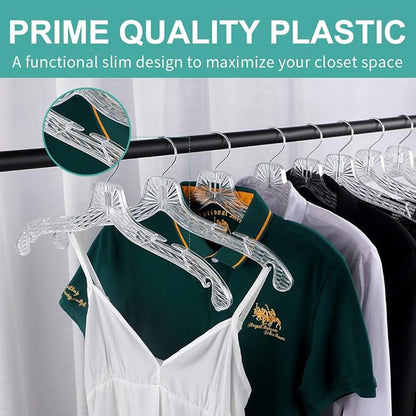 Perfecasa Crystal Clear Plastic Hangers - 20 Pack, Non-Slip, Heavy Duty, Open Notch Shirt & Dress Hangers with Diamond Crystal Cut Pattern