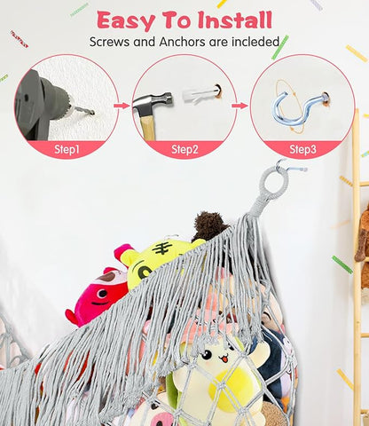 Stuffed Animal Hammock - Extra Large 63'' Long, Stuffed Animal Storage, stuffed animal Holder net, Hammock Large, Storage Hanging Organizer - Light grey