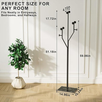 Coat Rack Stand, Freestanding Metal Coat Rack with Sturdy Marble Base, Modern Standing Coat Rack Tree for Entryway, Bedroom, Office & Hallway, Space-Saving Design, Black, 68.9 Inches Tall