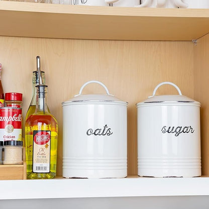 AuldHome Design Farmhouse Enamelware Oatmeal Canister (White); Rustic Distressed Style Oats Storage for Kitchen