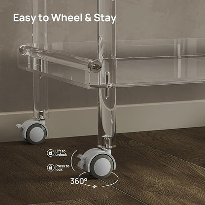 HMYHUM Acrylic Bar Cart, Rolling Serving Cart with 4 Lockable Wheels for The Home Bar, Kitchen, Living Room, Modern, 2-Tier, 23.6" L x 15" W x 30" H, Clear