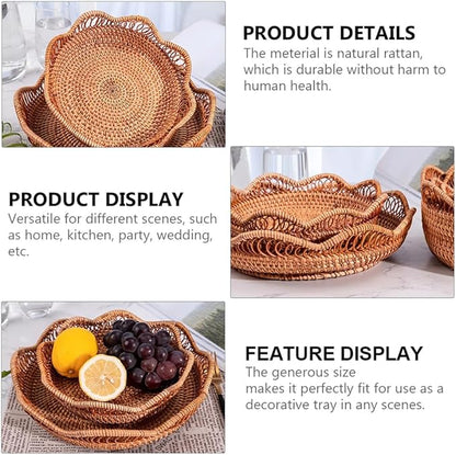 Hand-Woven Storage Basket Rattan Storage Tray Wicker Baskets Bread Fruit Food Breakfast Display Container Box Handicrafts Home Decoration (Set of 2 Pack)