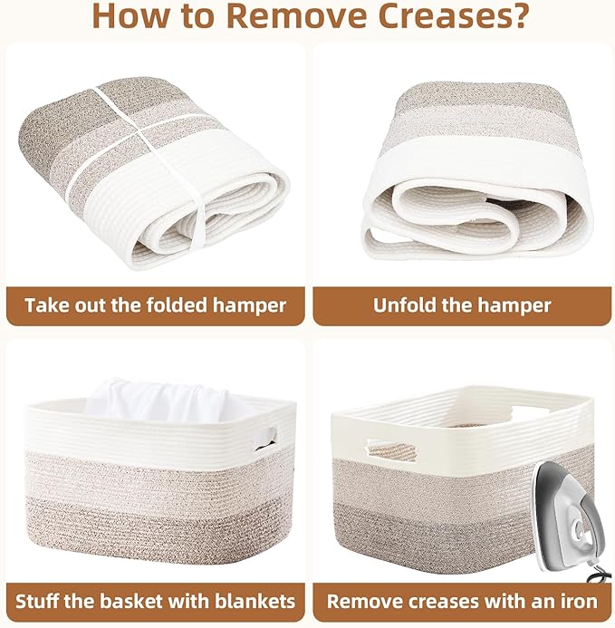 Cotton Rope Basket,Large Blanket Basket for Living Room,Woven cotton rope laundry baskets，For Bathroom Dirty Clothes ，Nursery Toys，pillow storage organization, 72L，Brown and white.