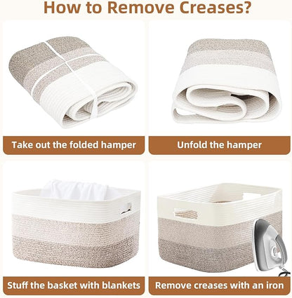 Cotton Rope Basket,Large Blanket Basket for Living Room,Woven cotton rope laundry baskets，For Bathroom Dirty Clothes ，Nursery Toys，pillow storage organization, 72L，Brown and white.