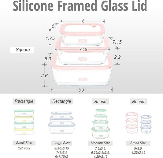 Urban Green Glass Food Container Set with Silicone Glass Lid, 3 Pack, Square Shape, Airtight, LeakProof, 100% Plastic Free, Meal Prep Food Storage Containers