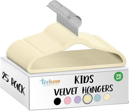 TechZoo 25 Premium Kids Velvet Hangers - 14" Non-Slip Clothes Hangers for Kids & Preteens - Ultra Slim, Space-Saving, Strong & Durable Hangers with 360° Swivel Hook - Beige