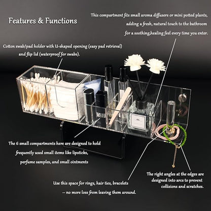 YQUQAQN Wall-Mountable Arylic Makeup Organizer for Bathroom Countertop Organizer with 9 Slots for Small Items Clear Bathroom Storage Accessories 1 Pack with Decorative Screws
