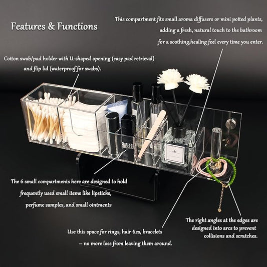YQUQAQN Wall-Mountable Arylic Makeup Organizer for Bathroom Countertop Organizer with 9 Slots for Small Items Clear Bathroom Storage Accessories 1 Pack with Decorative Screws