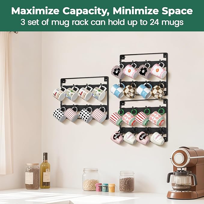 EsLuker.ly Mug Holder Hanger Rack Wall Mounted Wooden 3 Pack Coffee Cup Storage Organizer Display Shelf with 24 Removable Plastic Hooks, Ideal for Mug Collectors, Black