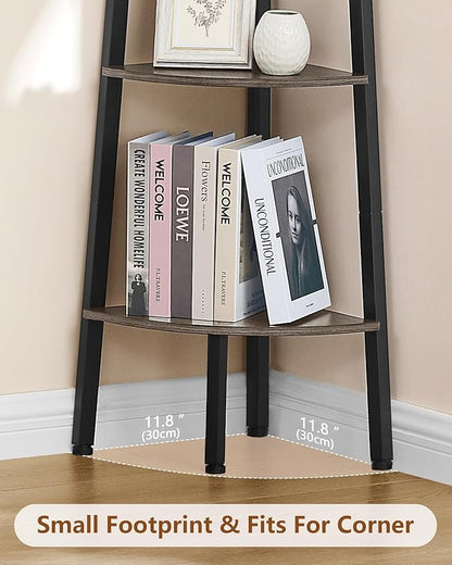 Hoctieon Corner Shelf, 4-Tier Corner Bookshelf, Rustic Ladder Shelf, Industrial Display Stand for Living Room, Kitchen, Home Office, Balcony, Small Space, Metal Frame, Grey