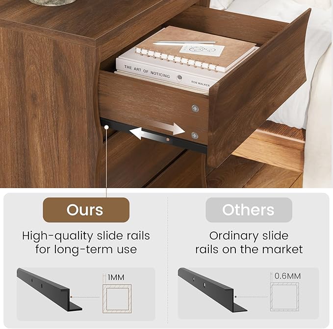 SUCSSRICH Nightstand, Night Stand with 3 Drawers, Modern Nightstand with Large Storage, Silent Slides, Wooden End Side Table, Bedside Table with 3 Drawers for Bedroom (Brown)