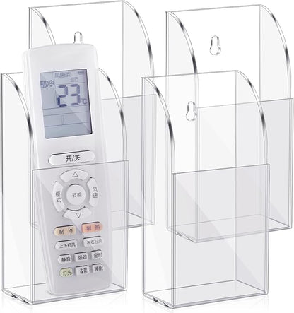 4 Pieces Acrylic Remote Control Holder Clear Wall Mount Media Organizer Single Compartment Pen Holder for Wall Pencil Holder TV Remote Holder Wall Mount Storage Box for File Makeup Marker Brush Phone