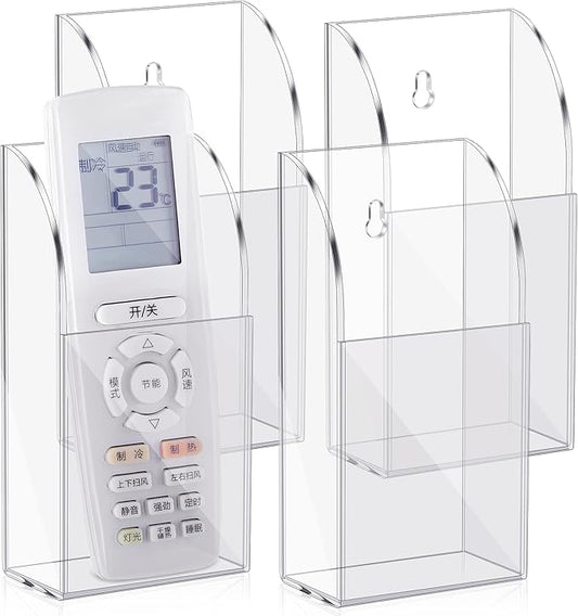 4 Pieces Acrylic Remote Control Holder Clear Wall Mount Media Organizer Single Compartment Pen Holder for Wall Pencil Holder TV Remote Holder Wall Mount Storage Box for File Makeup Marker Brush Phone