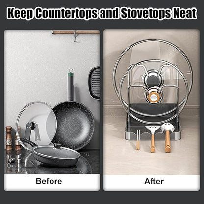 Kitchen Pot Lid Storage Rack, Pot and Pan Organizer with Removable Drip Tray, Two-Compartment Spatula Holder Pot Lid Holder for Counter Stove Top Kitchen