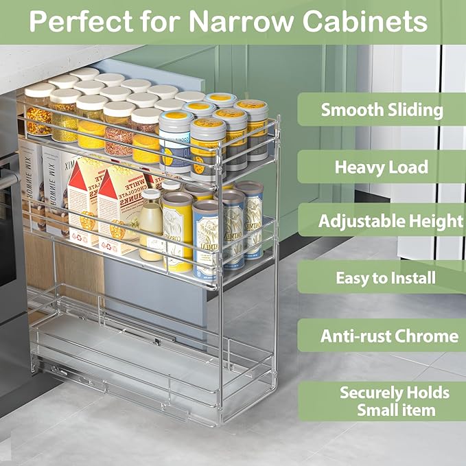 Pull Out Spice Rack Cabinet Organizer (7" W X 20½" D),3 Tier Slide Out Drawer for Narrow Cabinet, Pull Out Shelves Under Cabinet Storage for Kitchen