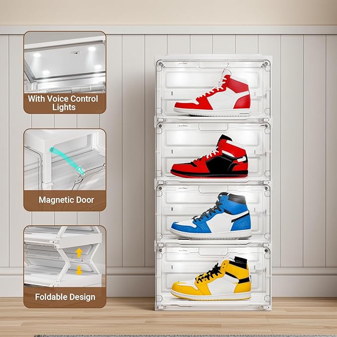 BROVIEW Led Shoe Boxes, Shoe Display Case with Lights, Large Clear Plastic Foldable Shoe Storage Box, Voice Activated Led Shoe Organizer Sneaker Case, Collection Crate, 1 Row 4 Tier White