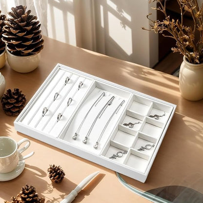 4 In 1 Leather Jewelry Trays Jewelry Drawer Organizer Tray Stackable Jewelry Trays Necklace Bracelet Ring Earring Organizer Tray(White)