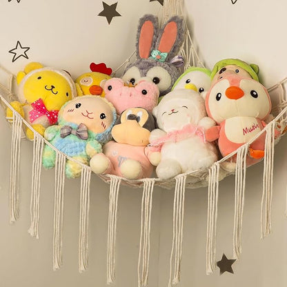 Stuffed Animal Hammock Corner, Hand-knitted Large Plushie Net Toy Hammock with Wooden Rings | Boho Cute Stuff Animal Storage for Nursery & Bedroom | Mesh Kids Toy Organizer Holder Nursery Room Decor