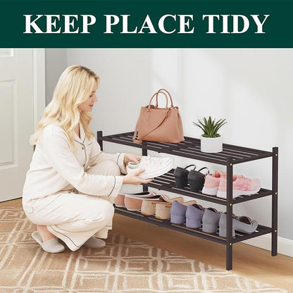 Smiry Long Bamboo Shoe Rack 3-Tier, Stackable Wooden Shoe Organizer for Entryway & Closet, Free Standing Wood Shoe Storage Shelf for Front Door & Small Spaces, Brown