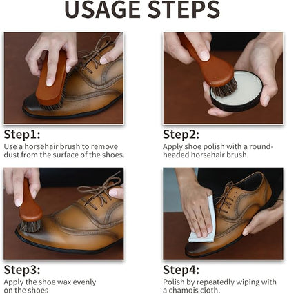 IKI Shoe Shine Polish Kit - 7PCS Leather Boot Care Kit with Black Shoe Polish Horsehair Brush Cloth Shoe Horn for Men