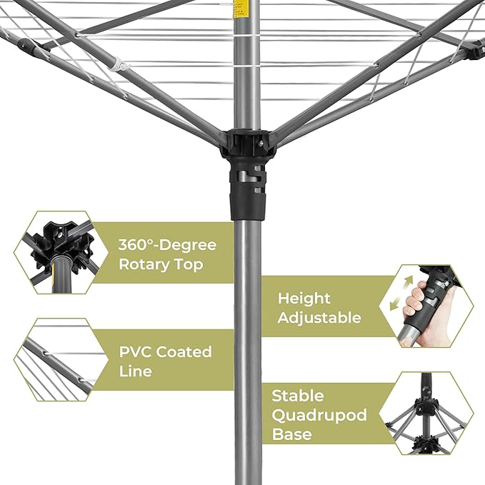 Outdoor Clothes Drying Rack, Portable Umbrella Clothesline, 4-Arm 8 Lines of 82 Ft Hanging Space, Height Adjustable Outdoor Rotary Drying Rack, Foldable Laundry Drying Rack for Backyard