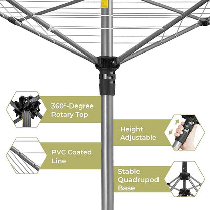 Outdoor Clothes Drying Rack, Portable Umbrella Clothesline, 4-Arm 8 Lines of 82 Ft Hanging Space, Height Adjustable Outdoor Rotary Drying Rack, Foldable Laundry Drying Rack for Backyard