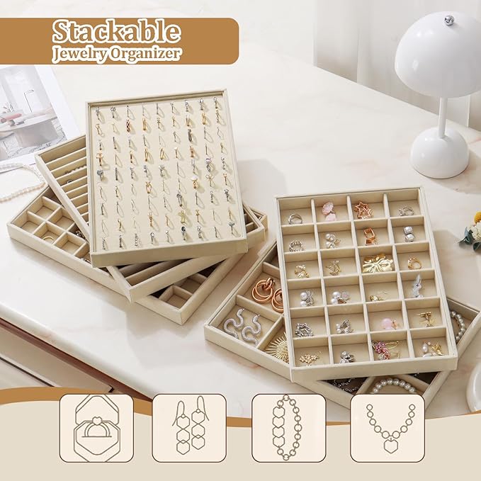 KATISYIO Large Velvet Jewelry Tray 2 Pack Stackable Jewelry Display Drawer Inserts Trays Organizer for Earring Bracelet Necklace Ring (Beige, 24 Grids)