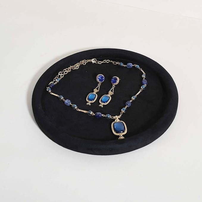 GemeShou Round Jewelry Organizer Plate, Top Microfiber Velvet Jewelry Display Tray, Empty Jewelry Showcase Tray for Necklaces, Bracelets, Rings, Earrings (Black-Large, 9.8 x 9.8 in)