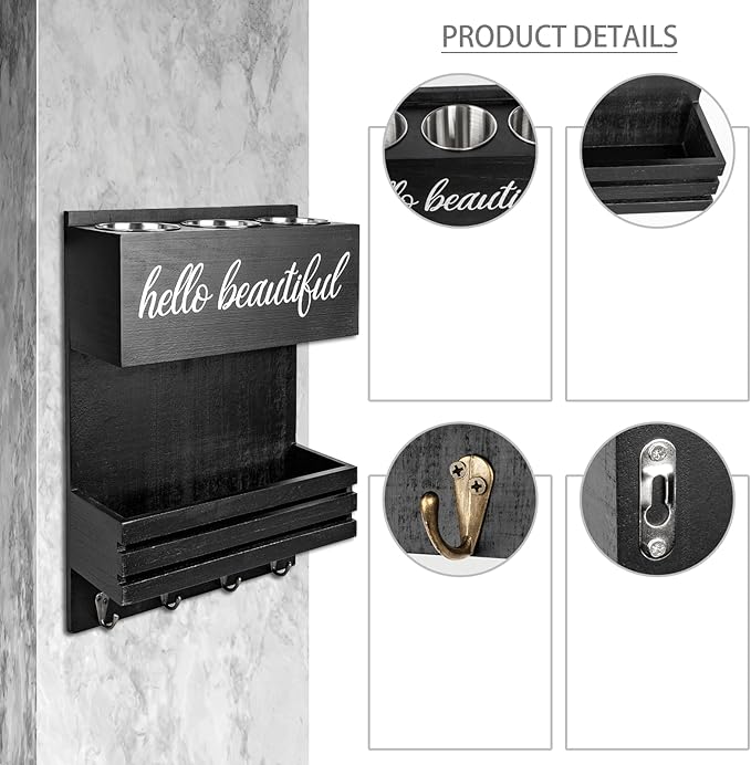 Cokritsm Wooden Hair Dryer Holder Wall-Mounted - 2 Tier Bathroom Storage Shelf Cosmetic & Hairdressing Tools Organizer for Bathroom Countertop/Vanity (Black)