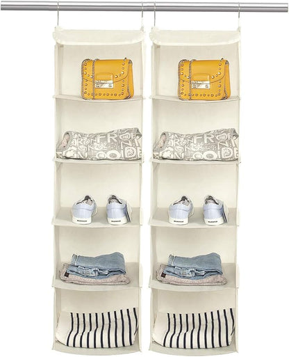 5 Shelves Hanging Closet Organizer, 2 Pack Hanging Storage with 6 Side Pockets for Clothes Shoes, 43"x12"x12"(Beige)